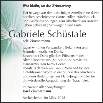 Traueranzeige von Gabriele Schüstale von Super Sonntag Aschersleben