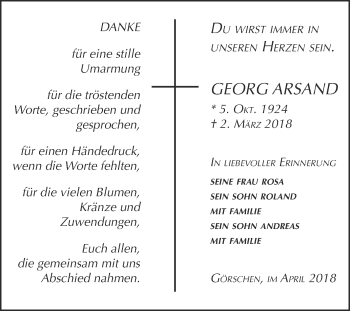 Traueranzeige von Georg Arsand von WVG - Wochenspiegel NMB / WSF / ZTZ