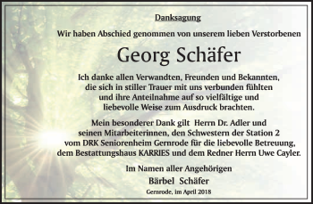 Traueranzeige von Georg Schäfer von WVG - Wochenspiegel Quedlinburg