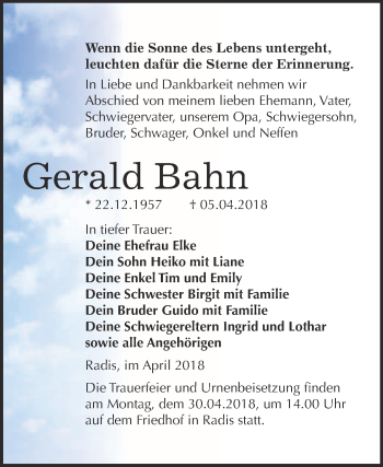 Traueranzeige von Gerald Bahn von WVG - Wochenspiegel Wittenberg