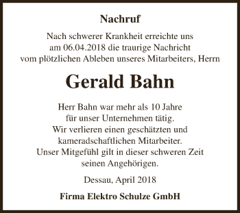 Traueranzeige von Gerald Bahn von WVG - Wochenspiegel Dessau / Köthen