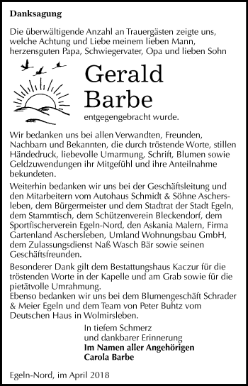 Traueranzeige von Gerald Barbe von Mitteldeutsche Zeitung Aschersleben