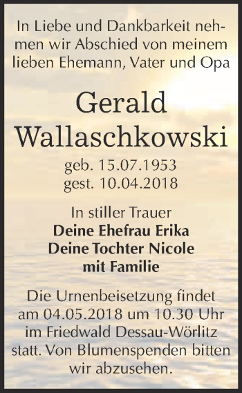Traueranzeige von Gerald Wallaschkowski von WVG - Wochenspiegel Bitterfeld
