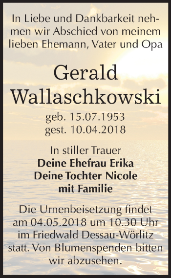 Traueranzeige von Gerald Wallaschkowski von Mitteldeutsche Zeitung Bitterfeld