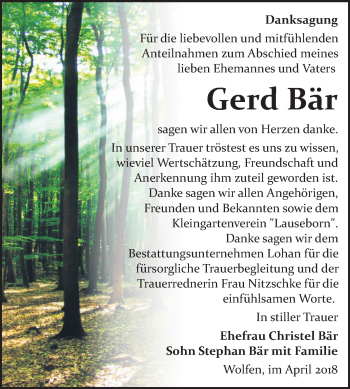 Traueranzeige von Gerd Bär von WVG - Wochenspiegel Bitterfeld