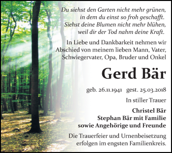 Traueranzeige von Gerd Bär von Mitteldeutsche Zeitung Bitterfeld