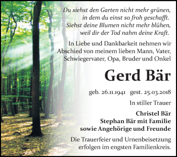 Traueranzeige von Gerd Bär von WVG - Wochenspiegel Bitterfeld