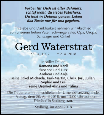 Traueranzeige von Gerd Waterstrat von Super Sonntag SGH Mansf. Land