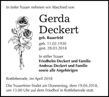 Traueranzeige von Gerda Deckert von Mitteldeutsche Zeitung Sangerhausen