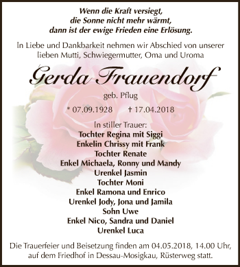 Traueranzeige von Gerda Frauendorf von WVG - Wochenspiegel Dessau / Köthen