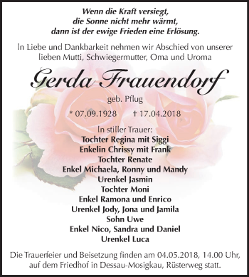 Traueranzeige von Gerda Frauendorf von Mitteldeutsche Zeitung Dessau-Roßlau