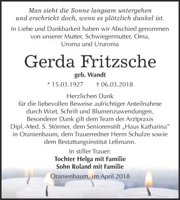 Traueranzeige von Gerda Fritzsche von WVG - Wochenspiegel Wittenberg