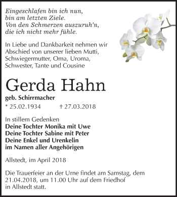 Traueranzeige von Gerda Hahn von Mitteldeutsche Zeitung Sangerhausen