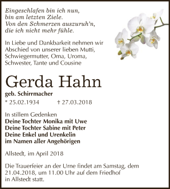Traueranzeige von Gerda Hahn von WVG - Wochenspiegel SGH