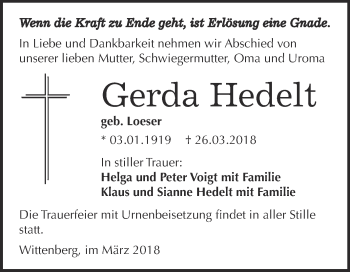 Traueranzeige von Gerda Hedelt von WVG - Wochenspiegel Wittenberg
