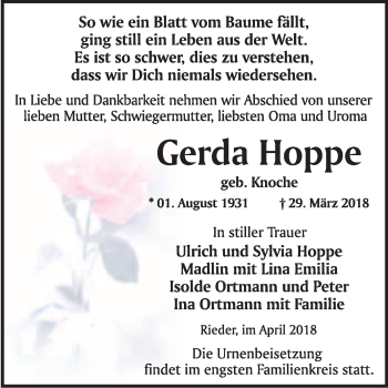 Traueranzeige von Gerda Hoppe von WVG - Wochenspiegel Quedlinburg