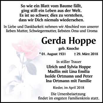 Traueranzeige von Gerda Hoppe von Mitteldeutsche Zeitung Quedlinburg
