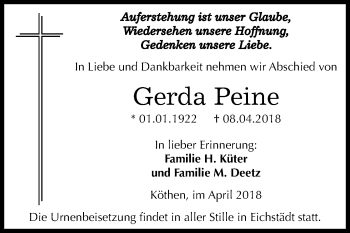 Traueranzeige von Gerda Peine von Mitteldeutsche Zeitung Köthen