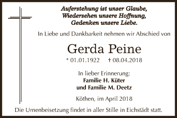 Traueranzeige von Gerda Peine von WVG - Wochenspiegel Dessau / Köthen