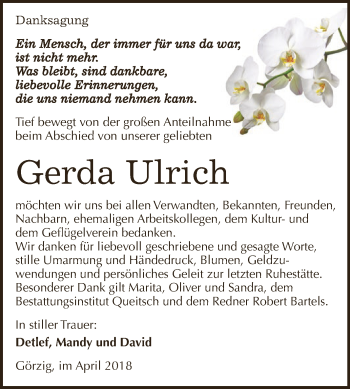 Traueranzeige von Gerda Ulrich von WVG - Wochenspiegel Dessau / Köthen