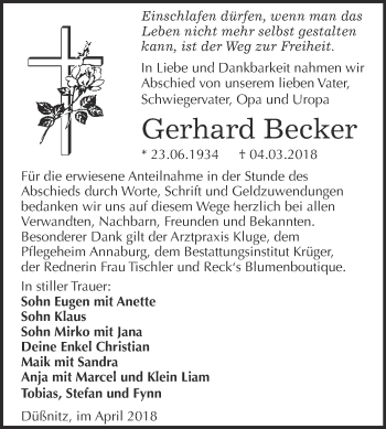 Traueranzeige von Gerhard Becker von WVG - Wochenspiegel Wittenberg