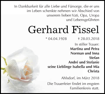 Traueranzeige von Gerhard Fissel von Super Sonntag SGH Mansf. Land