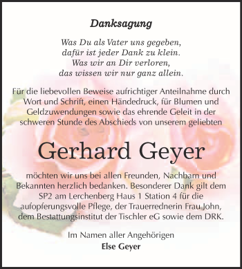 Traueranzeige von Gerhard Geyer von Super Sonntag Wittenberg