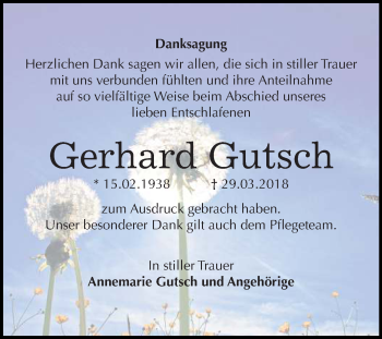 Traueranzeige von Gerhard Gutsch von Mitteldeutsche Zeitung Bitterfeld