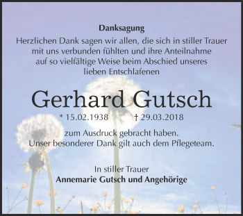 Traueranzeige von Gerhard Gutsch von WVG - Wochenspiegel Bitterfeld