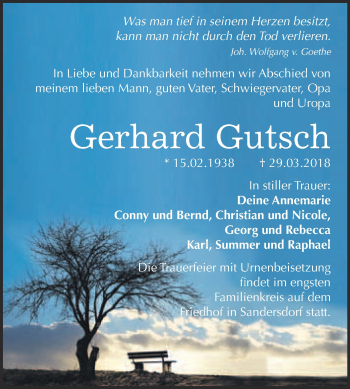 Traueranzeige von Gerhard Gutsch von WVG - Wochenspiegel Bitterfeld