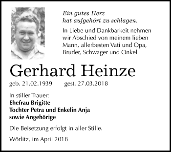 Traueranzeige von Gerhard Heinze von Mitteldeutsche Zeitung