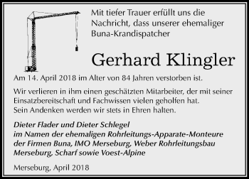 Traueranzeige von Gerhard Klingler von Mitteldeutsche Zeitung Merseburg/Querfurt