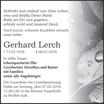 Traueranzeige von Gerhard Lerch von WVG - Wochenspiegel Bitterfeld