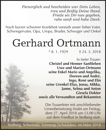 Traueranzeige von Gerhard Ortmann von Mitteldeutsche Zeitung Sangerhausen