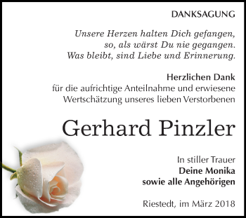 Traueranzeige von Gerhard Pinzler von Mitteldeutsche Zeitung Sangerhausen