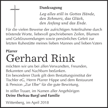 Traueranzeige von Gerhard Rink von Super Sonntag Wittenberg