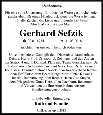 Traueranzeige von Gerhard Sefzik von Mitteldeutsche Zeitung Dessau-Roßlau