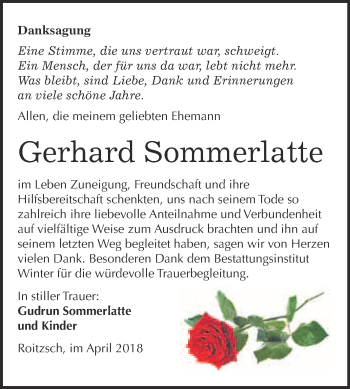 Traueranzeige von Gerhard Sommerlatte von WVG - Wochenspiegel Bitterfeld