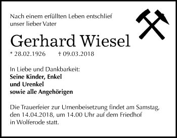 Traueranzeige von Gerhard Wiesel von Mitteldeutsche Zeitung