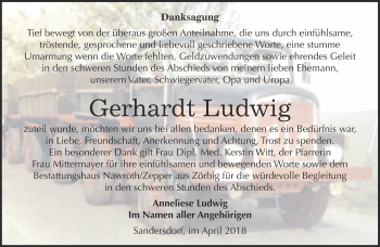 Traueranzeige von Gerhardt Ludwig von WVG - Wochenspiegel Bitterfeld