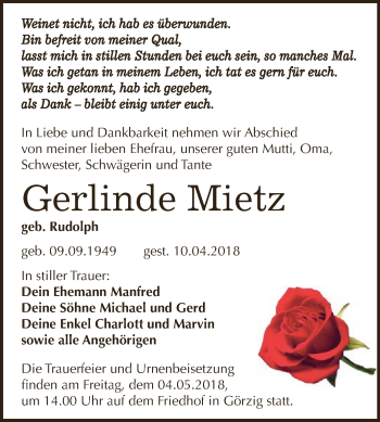 Traueranzeige von Gerlinde Mietz von WVG - Wochenspiegel Dessau / Köthen