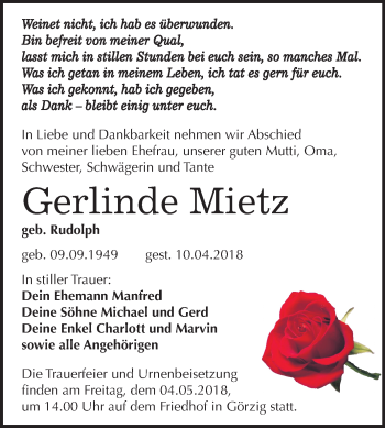 Traueranzeige von Gerlinde Mietz von Mitteldeutsche Zeitung Köthen