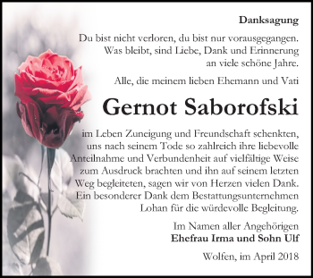 Traueranzeige von Gernot Saborofski von Mitteldeutsche Zeitung Bitterfeld