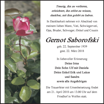 Traueranzeige von Gernot Saborofski von WVG - Wochenspiegel Bitterfeld