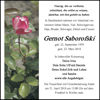 Traueranzeige von Gernot Saborofski von Mitteldeutsche Zeitung Bitterfeld