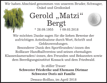 Traueranzeige von Gerold Bergt von Mitteldeutsche Zeitung Dessau-Roßlau