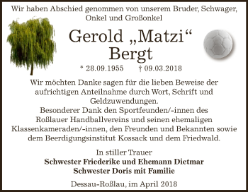 Traueranzeige von Gerold Bergt von WVG - Wochenspiegel Dessau / Köthen