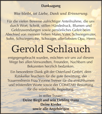 Traueranzeige von Gerold Schlauch von Mitteldeutsche Zeitung Weißenfels