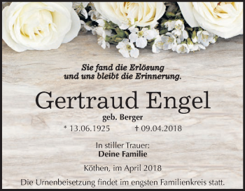 Traueranzeige von Gertraud Engel von WVG - Wochenspiegel Dessau / Köthen
