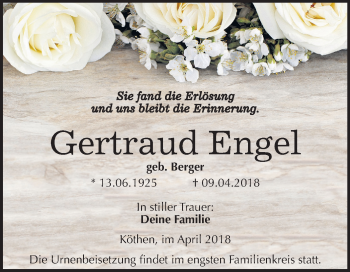 Traueranzeige von Gertraud Engel von Mitteldeutsche Zeitung Köthen
